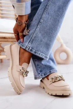 Damskie Boto Skórzane Półbuty Loafery Łańcuch Beżowe Amicable