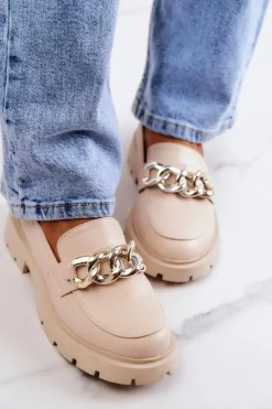 Damskie Boto Skórzane Półbuty Loafery Łańcuch Beżowe Amicable