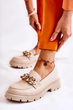 Damskie Boto Skórzane Półbuty Loafery Łańcuch Jasnobeżowe Amicable