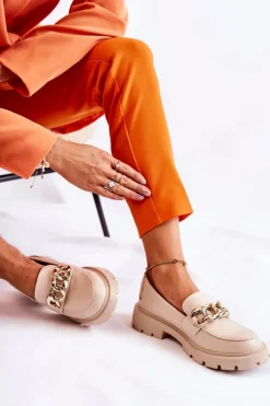 Damskie Boto Skórzane Półbuty Loafery Łańcuch Jasnobeżowe Amicable