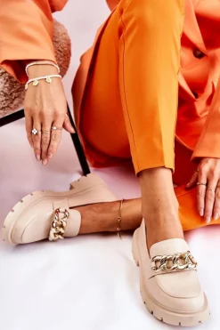 Damskie Boto Skórzane Półbuty Loafery Łańcuch Jasnobeżowe Amicable