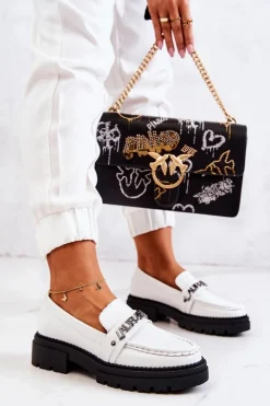 Boto Mokasyny Damskie Skórzane*Skórzane Półbuty Loafery Literki La.Fi 210001W-PU Białe