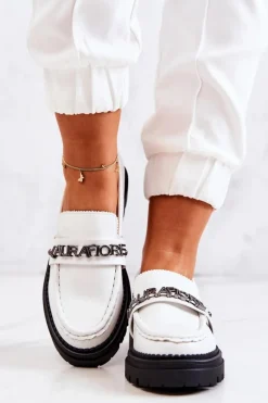 Boto Mokasyny Damskie Skórzane*Skórzane Półbuty Loafery Literki La.Fi 210001W-PU Białe