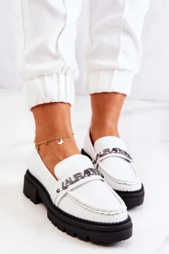 Boto Mokasyny Damskie Skórzane*Skórzane Półbuty Loafery Literki La.Fi 210001W-PU Białe