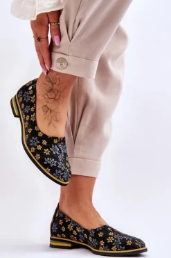 Damskie Maciejka Skórzane Półbuty Żółte Kwiaty 05035-38 Czarne