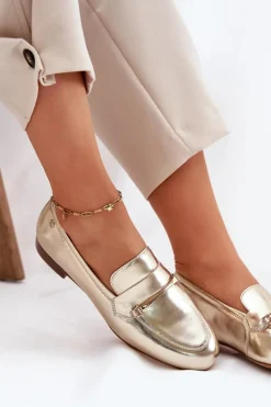 Damskie Maciejka Skórzane Półbuty Mokasyny Damskie K6809-25 Złote