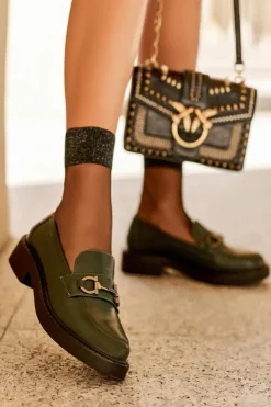 Clearance Buty Sergio Leone Skórzane Półbuty Mokasyny Damskie Ciemnozielone Beanika