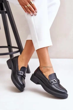 Discount Buty Sergio Leone Skórzane Półbuty Mokasyny Damskie Czarne Beanika Czarny