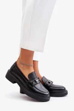 Discount Buty Sergio Leone Skórzane Półbuty Mokasyny Damskie Czarne Beanika Czarny