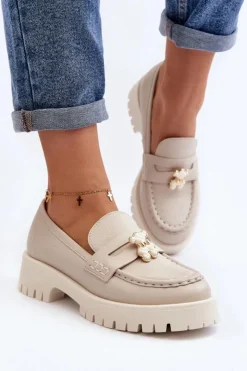 CheBello Mokasyny Damskie Skórzane*Skórzane Półbuty Mokasyny Z Misiem 4291 Jasnobeżowe