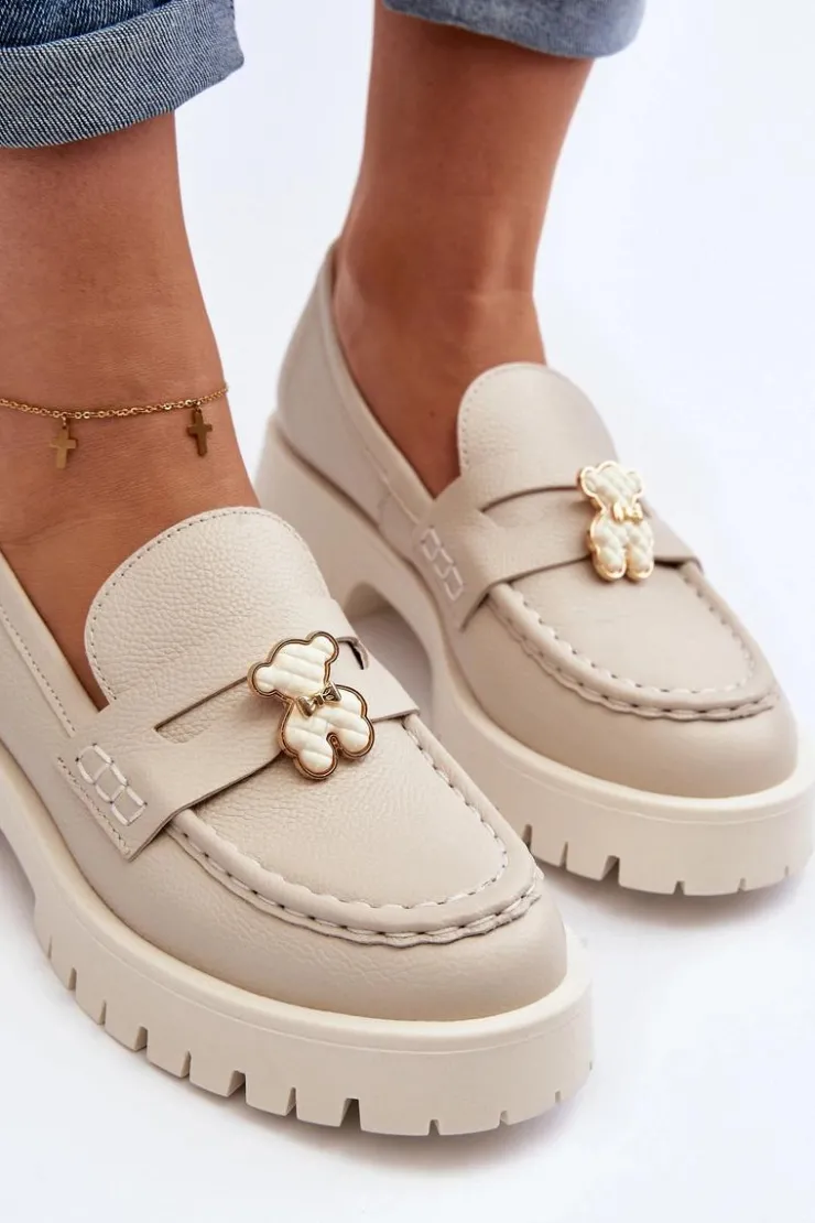 CheBello Mokasyny Damskie Skórzane*Skórzane Półbuty Mokasyny Z Misiem 4291 Jasnobeżowe