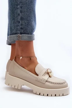 CheBello Mokasyny Damskie Skórzane*Skórzane Półbuty Mokasyny Z Misiem 4291 Jasnobeżowe