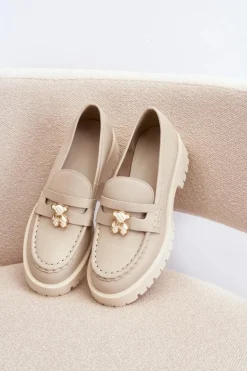 CheBello Mokasyny Damskie Skórzane*Skórzane Półbuty Mokasyny Z Misiem 4291 Jasnobeżowe