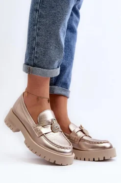 CheBello Mokasyny Płaskie|Mokasyny Damskie Skórzane*Skórzane Półbuty Mokasyny Z Ozdobą 4291 Złote Złoty