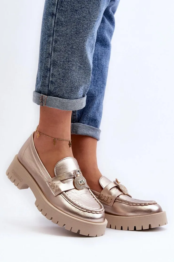 CheBello Mokasyny Płaskie|Mokasyny Damskie Skórzane*Skórzane Półbuty Mokasyny Z Ozdobą 4291 Złote Złoty