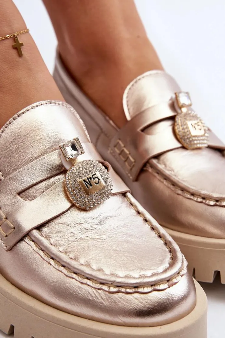 CheBello Mokasyny Płaskie|Mokasyny Damskie Skórzane*Skórzane Półbuty Mokasyny Z Ozdobą 4291 Złote Złoty