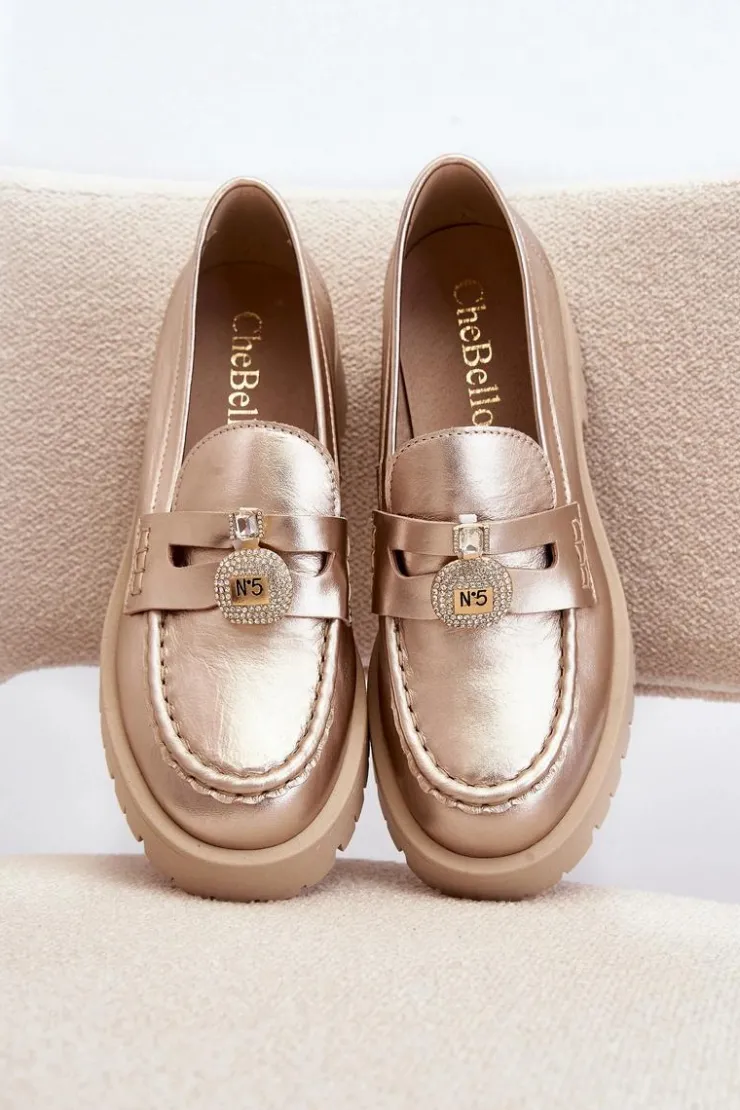 CheBello Mokasyny Płaskie|Mokasyny Damskie Skórzane*Skórzane Półbuty Mokasyny Z Ozdobą 4291 Złote Złoty