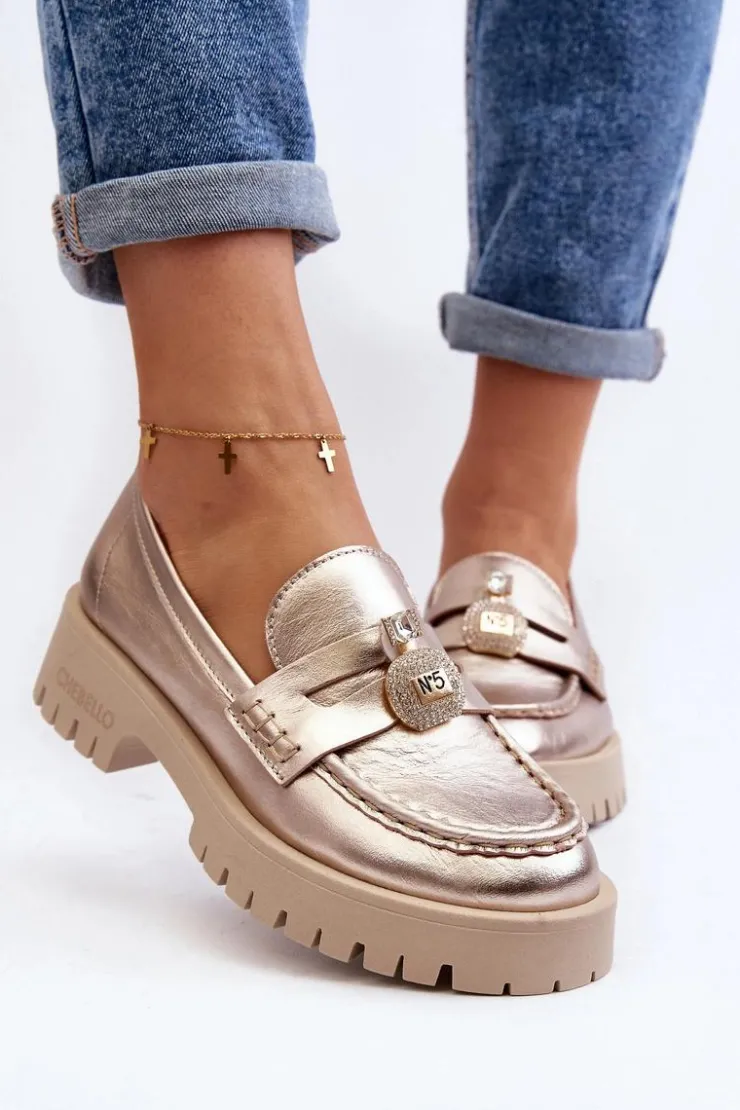 CheBello Mokasyny Płaskie|Mokasyny Damskie Skórzane*Skórzane Półbuty Mokasyny Z Ozdobą 4291 Złote Złoty