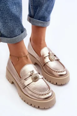 CheBello Mokasyny Płaskie|Mokasyny Damskie Skórzane*Skórzane Półbuty Mokasyny Z Ozdobą 4291 Złote Złoty