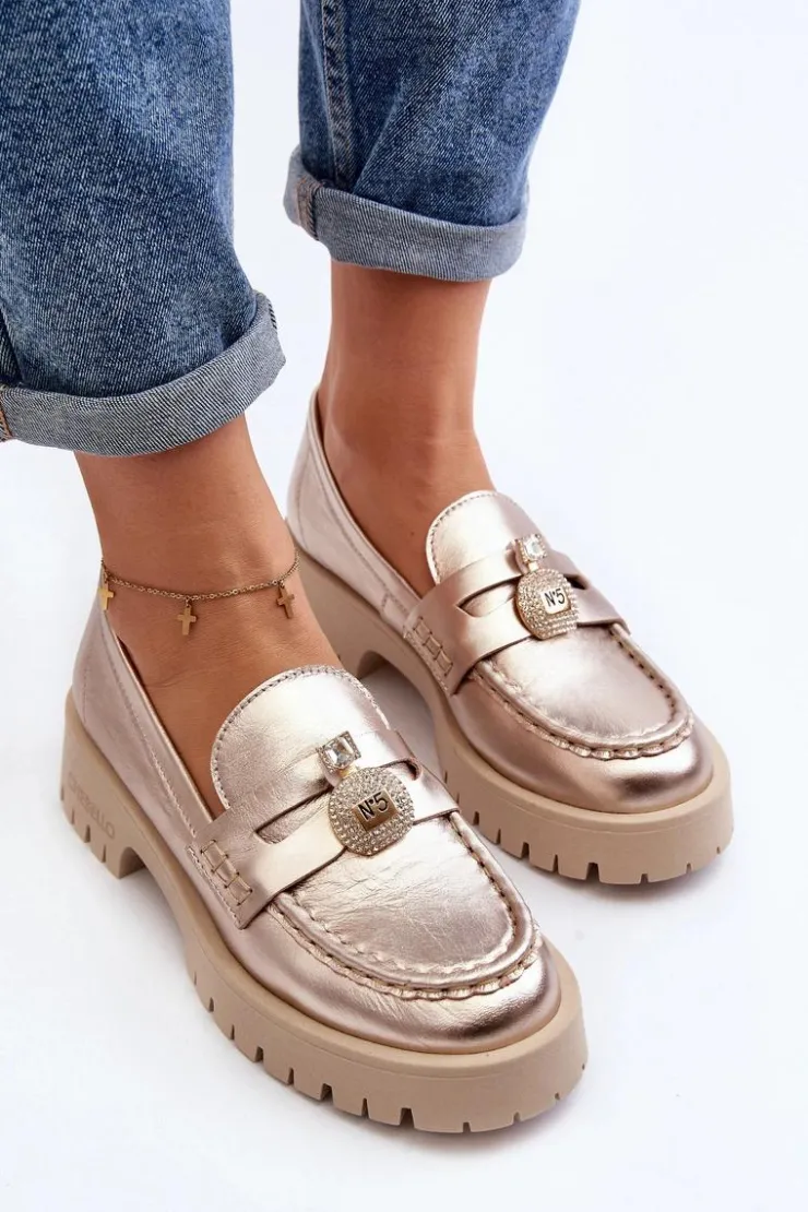 CheBello Mokasyny Płaskie|Mokasyny Damskie Skórzane*Skórzane Półbuty Mokasyny Z Ozdobą 4291 Złote Złoty