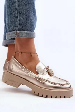 CheBello Mokasyny Płaskie|Mokasyny Damskie Skórzane*Skórzane Półbuty Mokasyny Z Ozdobą 4291 Złote Złoty
