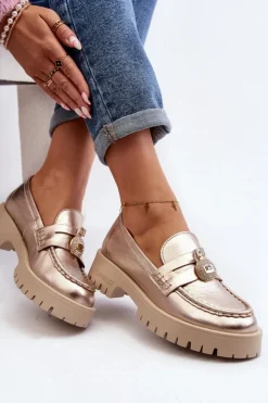 CheBello Mokasyny Płaskie|Mokasyny Damskie Skórzane*Skórzane Półbuty Mokasyny Z Ozdobą 4291 Złote Złoty