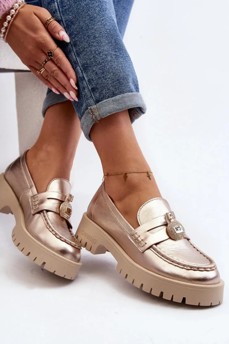 CheBello Mokasyny Płaskie|Mokasyny Damskie Skórzane*Skórzane Półbuty Mokasyny Z Ozdobą 4291 Złote Złoty