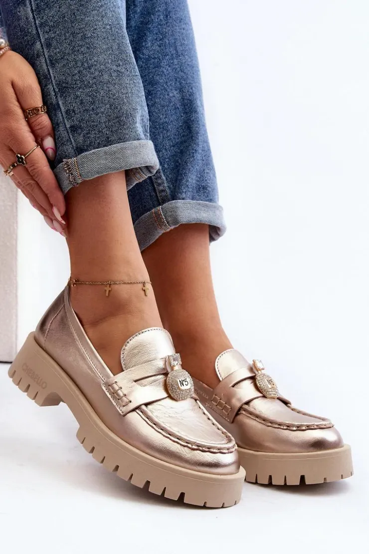 CheBello Mokasyny Płaskie|Mokasyny Damskie Skórzane*Skórzane Półbuty Mokasyny Z Ozdobą 4291 Złote Złoty