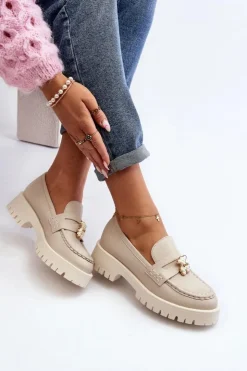 Damskie CheBello Skórzane Półbuty Mokasyny Z Misiem 4291 Jasnobeżowe