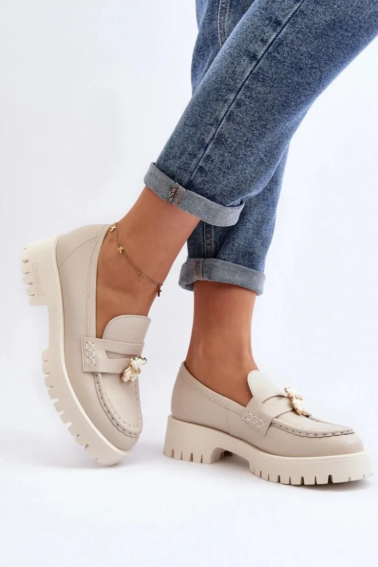Damskie CheBello Skórzane Półbuty Mokasyny Z Misiem 4291 Jasnobeżowe
