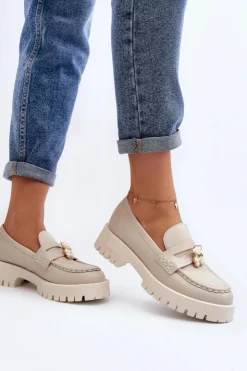 Damskie CheBello Skórzane Półbuty Mokasyny Z Misiem 4291 Jasnobeżowe