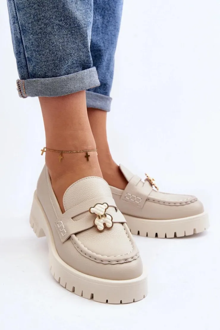 Damskie CheBello Skórzane Półbuty Mokasyny Z Misiem 4291 Jasnobeżowe