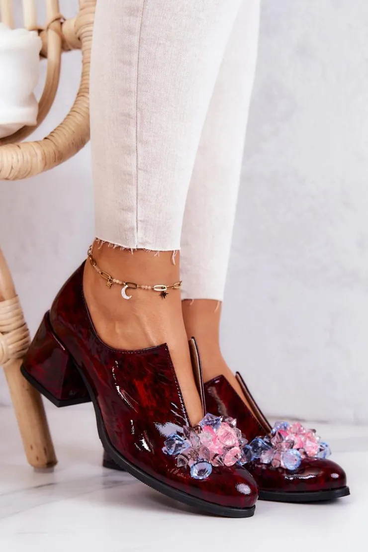 Damskie Boto Skórzane Półbuty Mozaika Z Ozdobą Bordowe Delaver