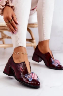 Damskie Boto Skórzane Półbuty Mozaika Z Ozdobą Bordowe Delaver