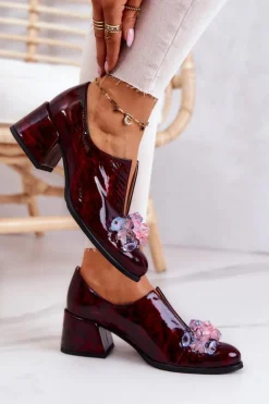 Damskie Boto Skórzane Półbuty Mozaika Z Ozdobą Bordowe Delaver