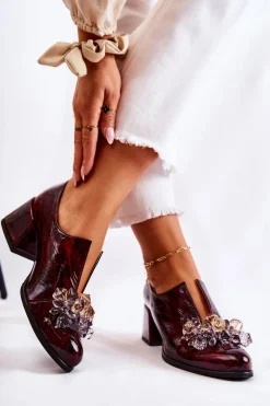 Boto Półbuty Skórzane*Skórzane Półbuty Mozaika Z Transparentną Ozdobą Bordowe Delaver