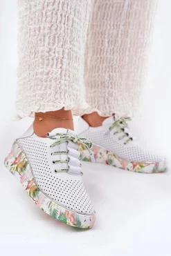 Damskie Artiker Skórzane Półbuty Na Koturnie Ze Wzorem 54C1807 Biało-Zielone