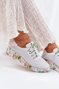 Damskie Artiker Skórzane Półbuty Na Koturnie Ze Wzorem 54C1807 Biało-Zielone