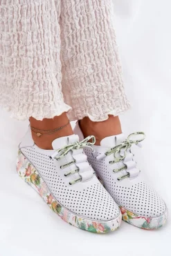 Damskie Artiker Skórzane Półbuty Na Koturnie Ze Wzorem 54C1807 Biało-Zielone