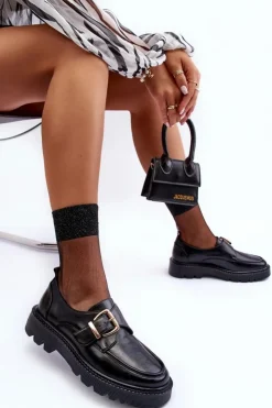 Buty damskie Vinceza Skórzane Półbuty Na Płaskim Obcasie Z Klamrą Czarne Meara