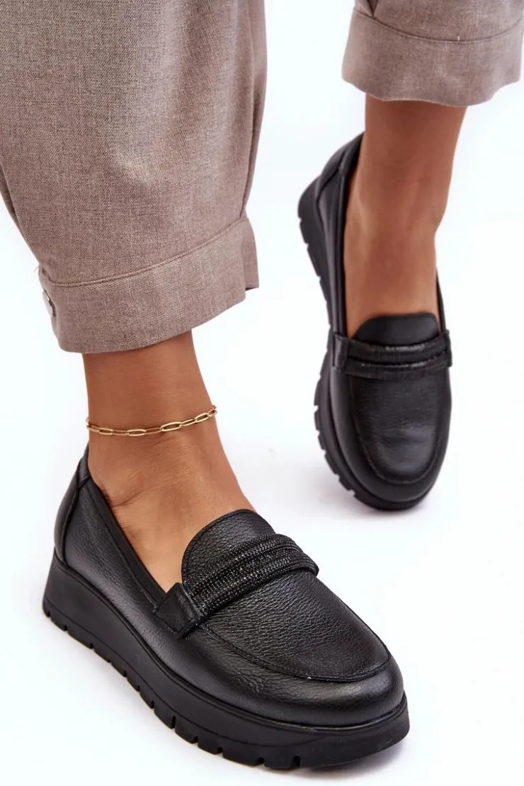 Boto Półbuty Skórzane|Mokasyny Na Platformie*Skórzane Półbuty Na Platformie Z Ozdobą Czarne Lemar Lehira Czarny