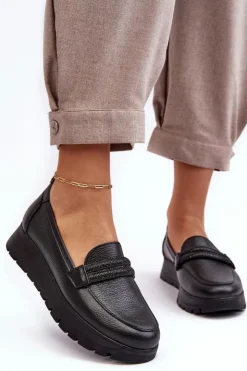 Boto Półbuty Skórzane|Mokasyny Na Platformie*Skórzane Półbuty Na Platformie Z Ozdobą Czarne Lemar Lehira Czarny