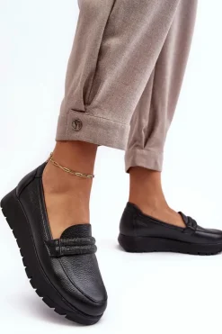 Boto Półbuty Skórzane|Mokasyny Na Platformie*Skórzane Półbuty Na Platformie Z Ozdobą Czarne Lemar Lehira Czarny