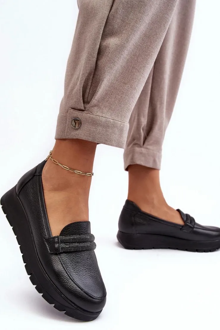 Boto Półbuty Skórzane|Mokasyny Na Platformie*Skórzane Półbuty Na Platformie Z Ozdobą Czarne Lemar Lehira Czarny