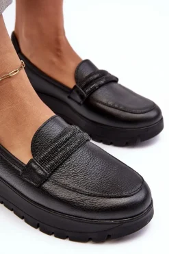 Boto Półbuty Skórzane|Mokasyny Na Platformie*Skórzane Półbuty Na Platformie Z Ozdobą Czarne Lemar Lehira Czarny