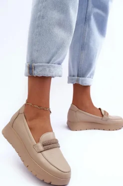 Boto Półbuty Skórzane|Mokasyny Na Platformie*Skórzane Półbuty Na Platformie Z Ozdobą Jasnobeżowe Lemar Lehira