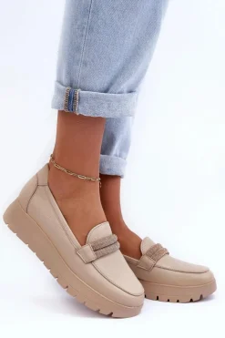 Boto Półbuty Skórzane|Mokasyny Na Platformie*Skórzane Półbuty Na Platformie Z Ozdobą Jasnobeżowe Lemar Lehira