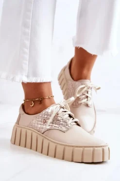 Zazoo Półbuty Skórzane*Skórzane Półbuty Na Platformie Beżowe Hypnosis