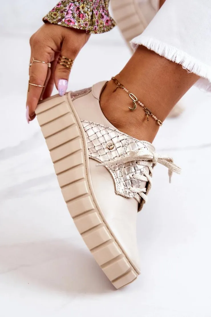 Zazoo Półbuty Skórzane*Skórzane Półbuty Na Platformie Beżowe Hypnosis