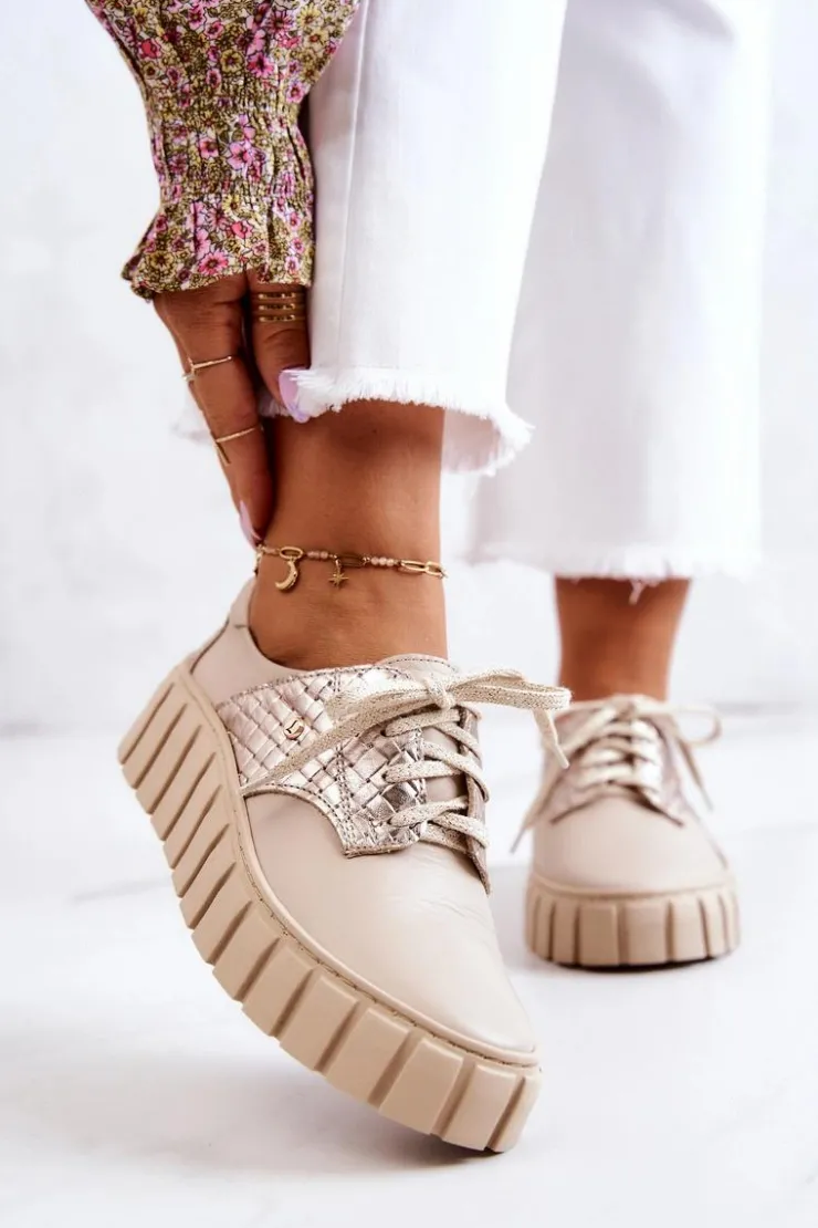 Zazoo Półbuty Skórzane*Skórzane Półbuty Na Platformie Beżowe Hypnosis